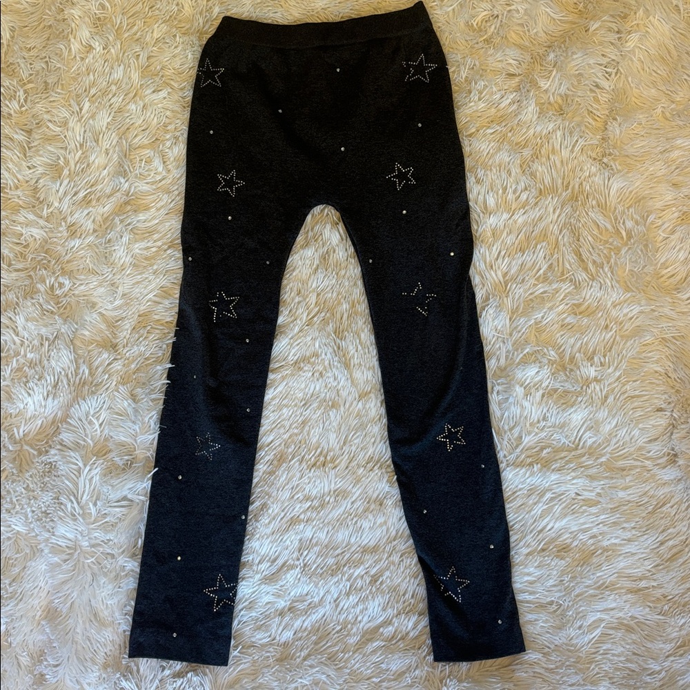 Girls Gray Thick Leggings 7 8 Medium Stretchy Stars Crystals